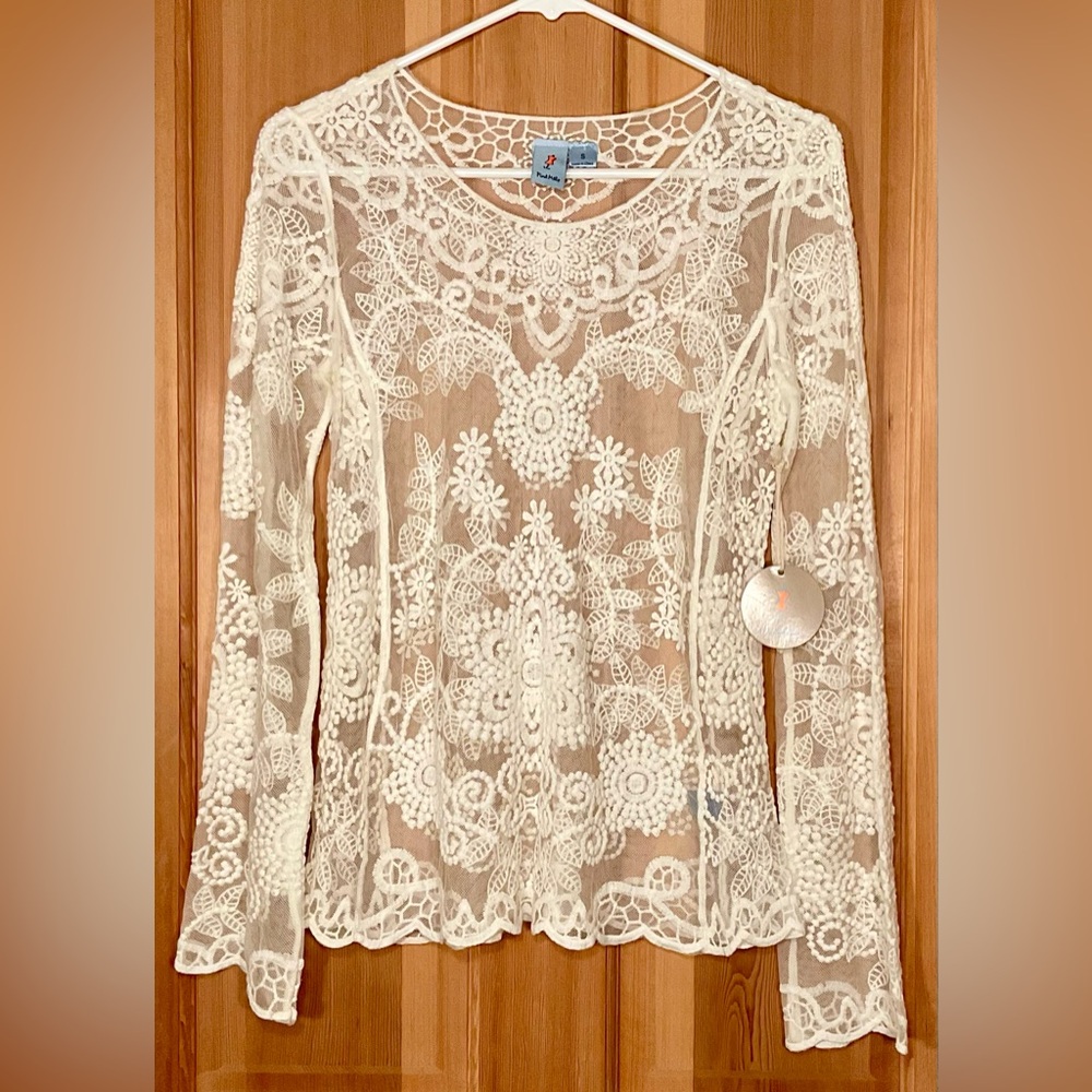NWT Pink Melo Sheer Embroidered Blouse
